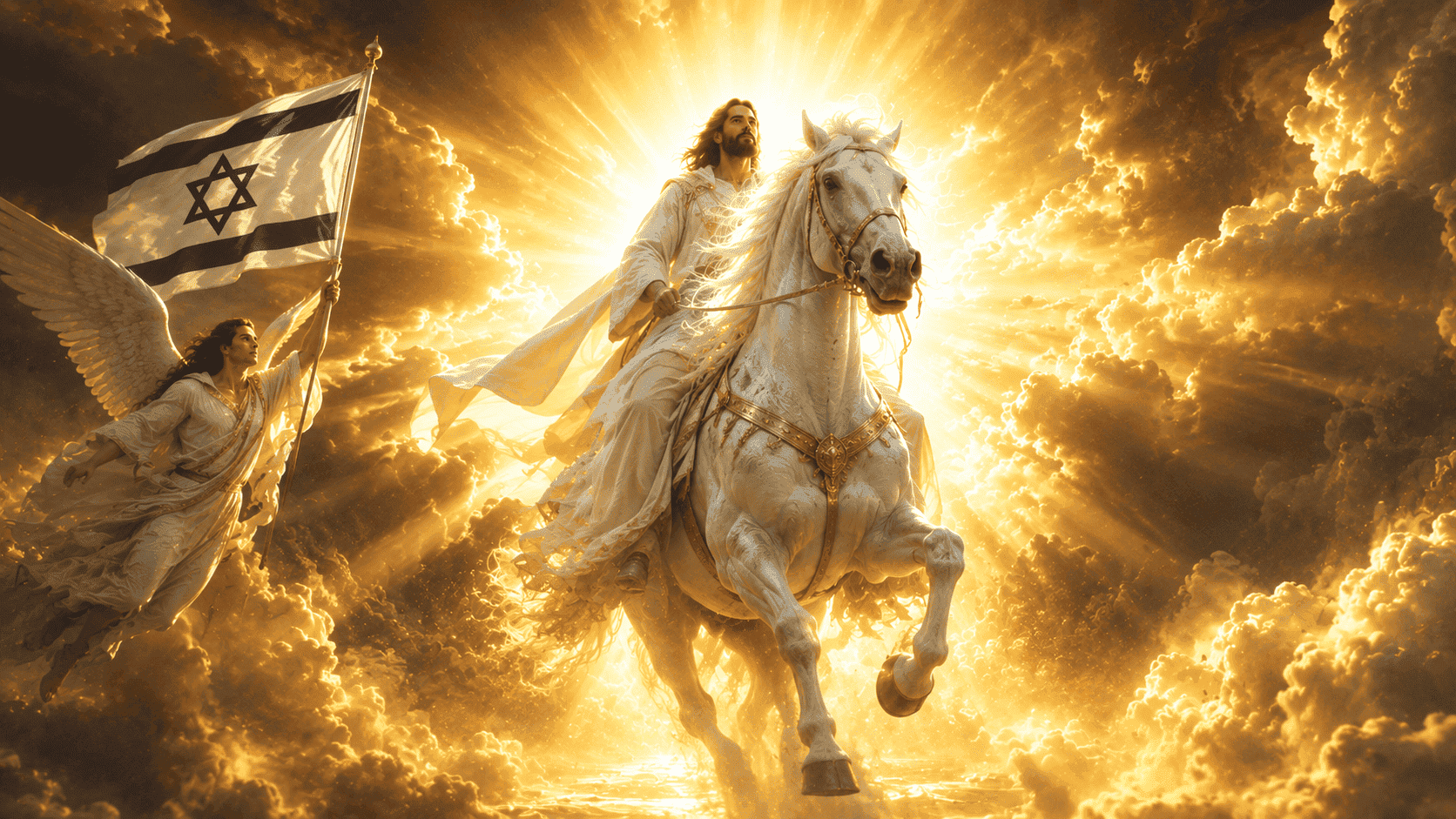 Jesus on a white horse with a glowing radiant background and angels nearby.