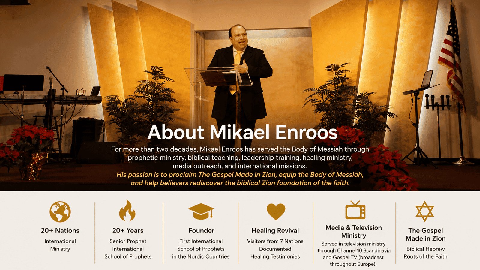 Mikael Enroos delivering a speech at a conference on biblical prophecy and faith.
